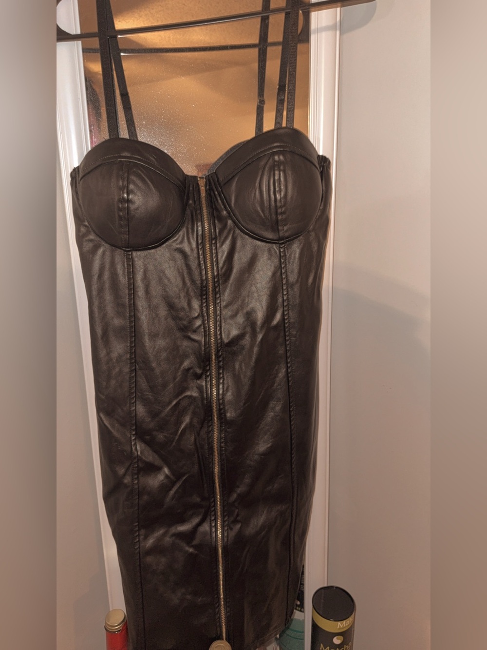Haute Monde Black Faux Leather Bustier Top with Gold Zip
